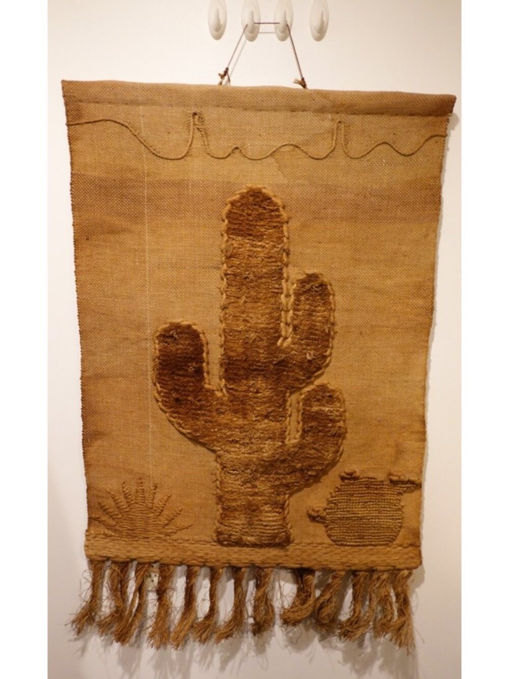 Large Vintage Wall Hanging Southwest Woven Jute Textured Cactus Tapestry 31x45